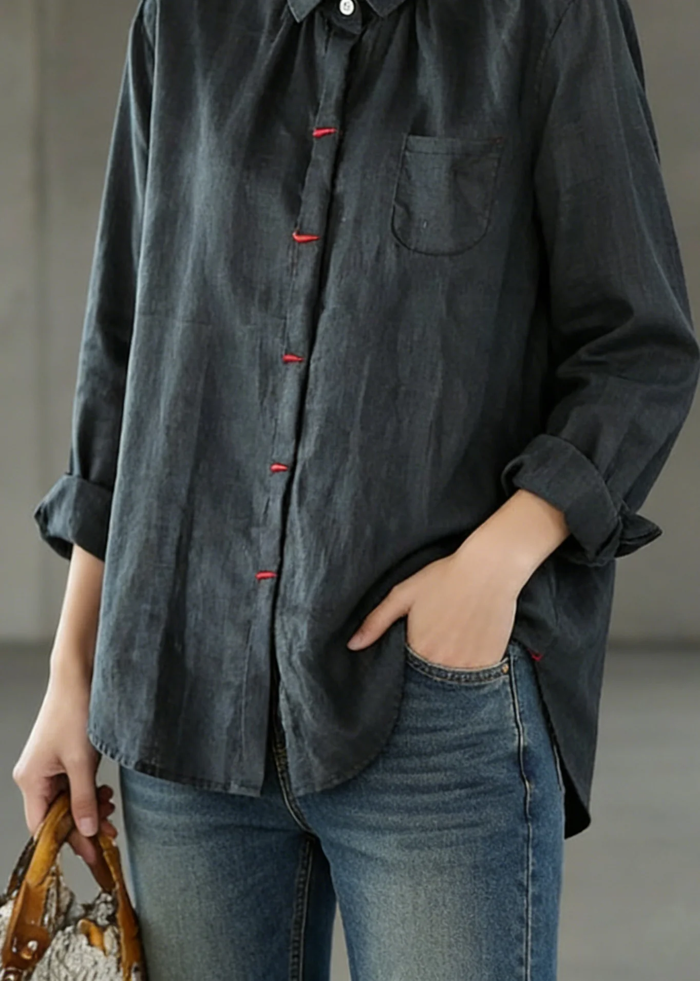 Black Patchwork Linen Shirt Peter Pan Collar Embroideried Spring - Image 4