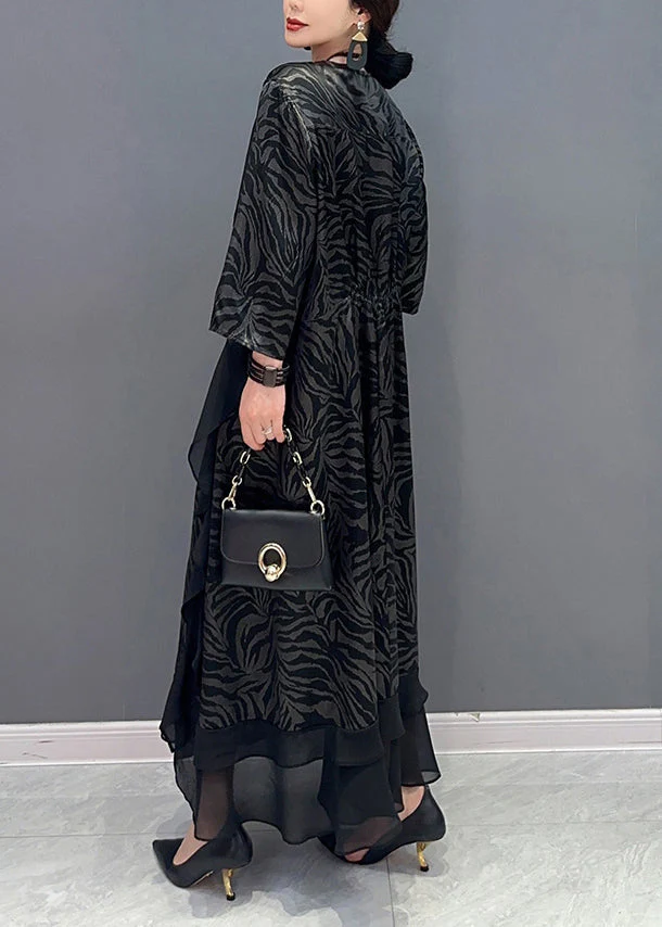 Black Patchwork Silk A Line Dress Ruffles Zebra Pattern Summer - Image 3