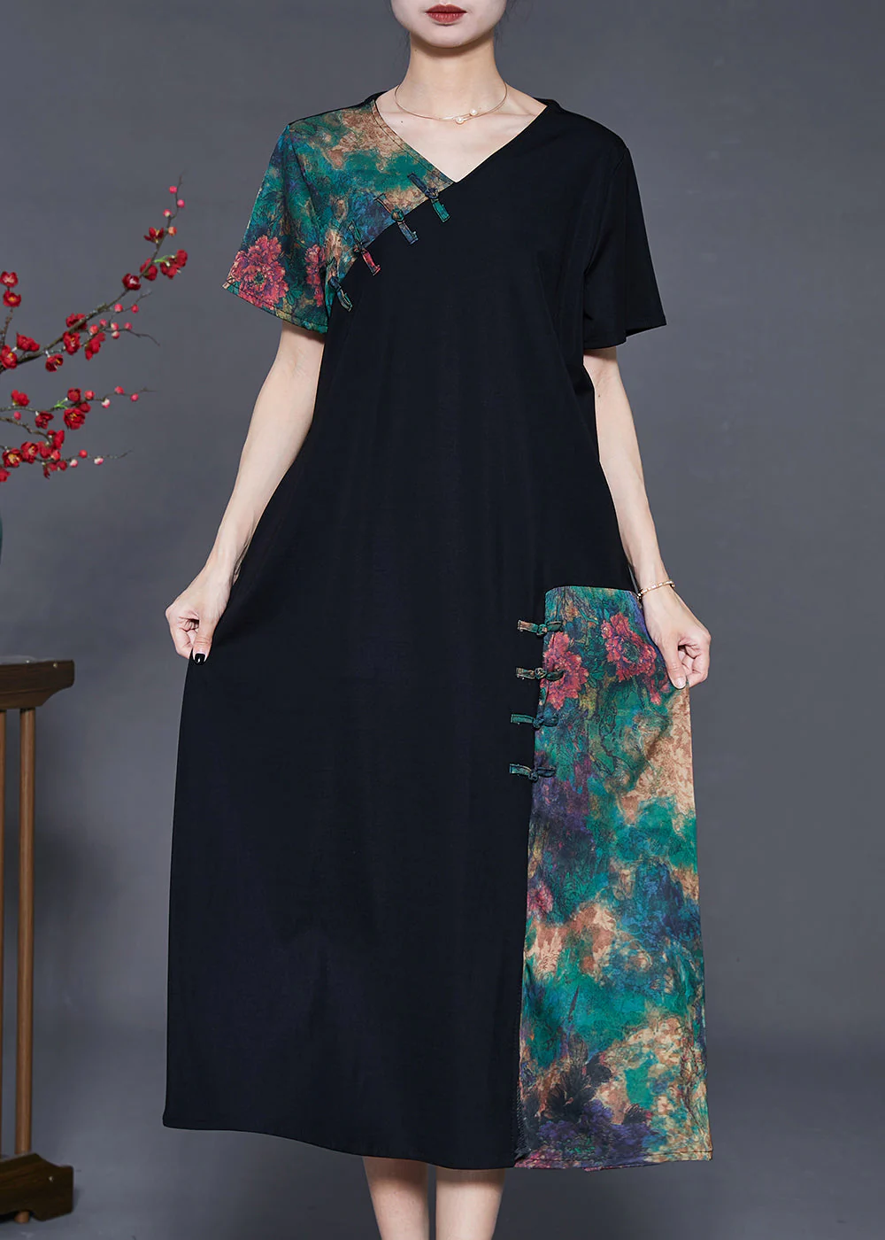 Black Patchwork Silk Dress V Neck Chinese Button Summer - Image 3
