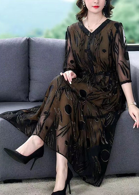 Black Patchwork Silk Dress V Neck Drawstring Wrinkled Summer - Image 2