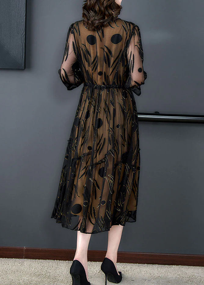 Black Patchwork Silk Dress V Neck Drawstring Wrinkled Summer - Image 4