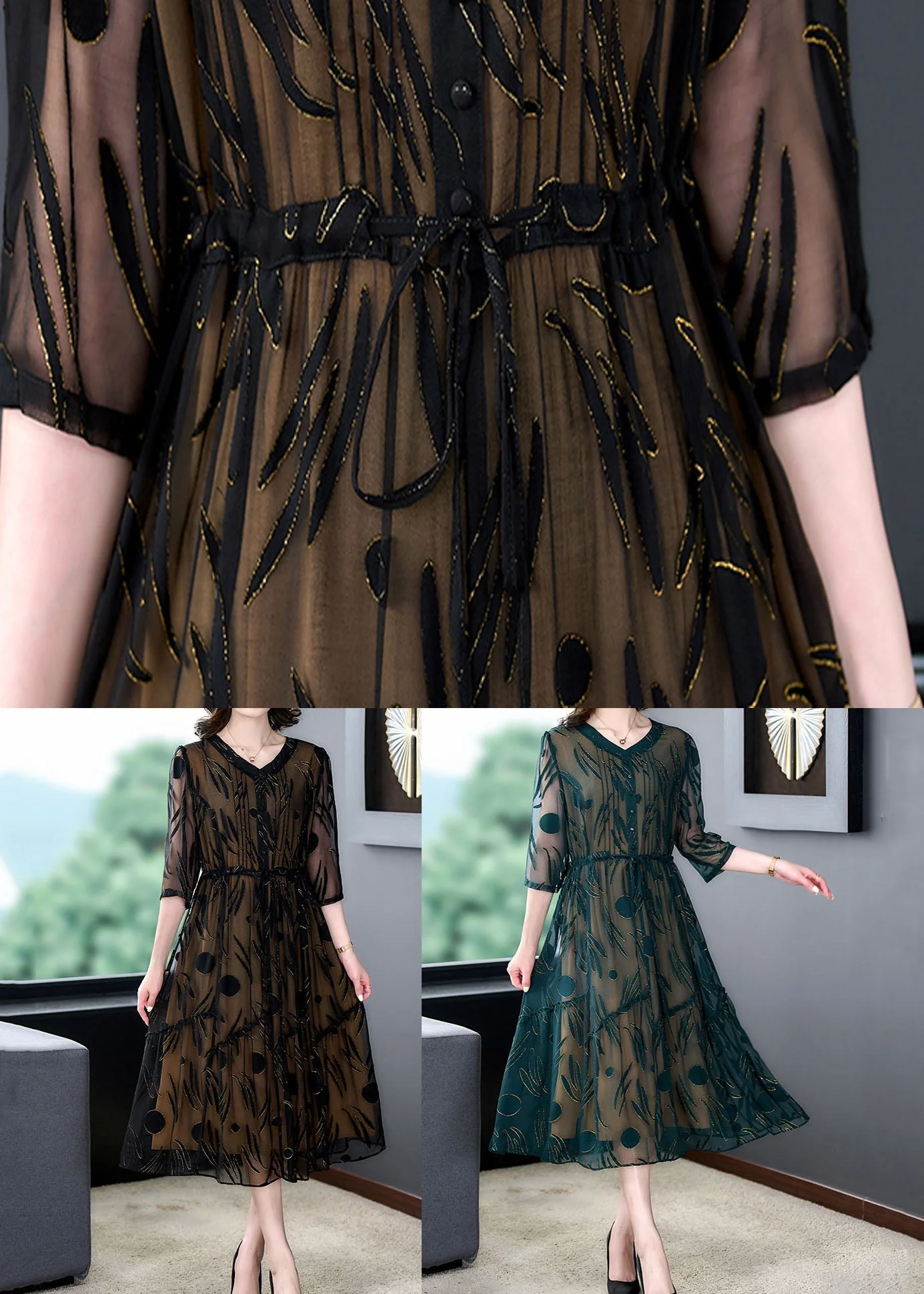 Black Patchwork Silk Dress V Neck Drawstring Wrinkled Summer - Image 5