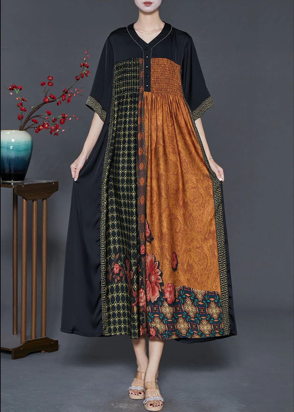 Black Patchwork Silk Maxi Dresses Oversized Print Summer - Image 2