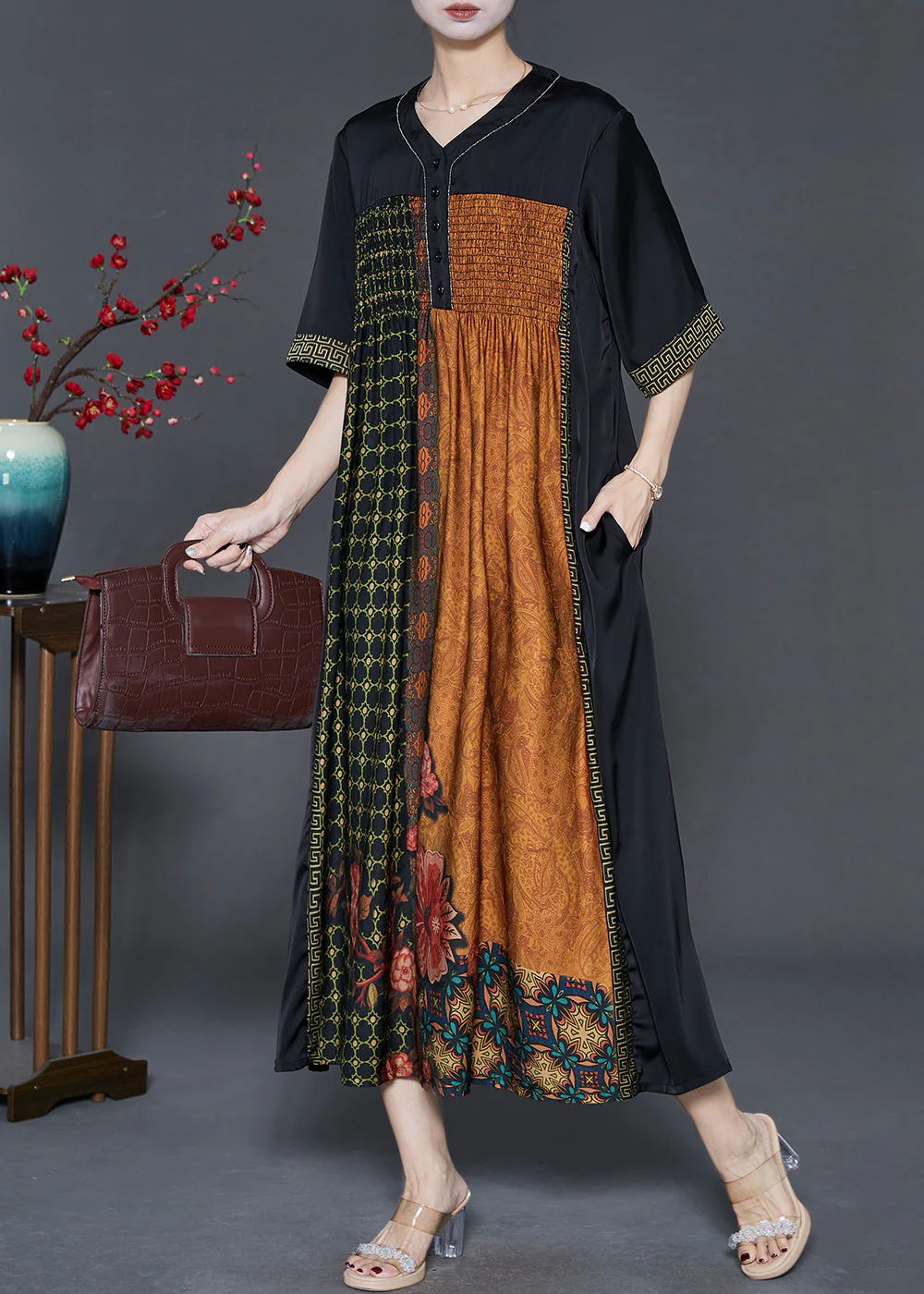 Black Patchwork Silk Maxi Dresses Oversized Print Summer - Image 3