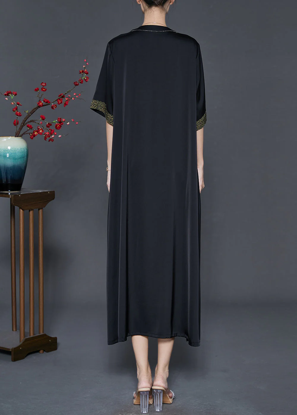 Black Patchwork Silk Maxi Dresses Oversized Print Summer - Image 4