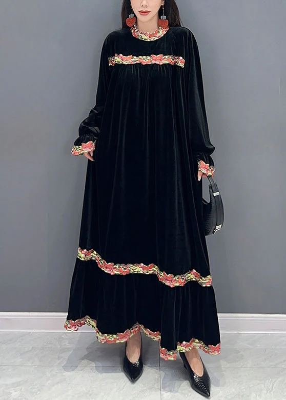 Black Patchwork Silk Velvet Stand Collar Long Dress Spring - Image 2