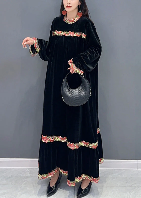 Black Patchwork Silk Velvet Stand Collar Long Dress Spring - Image 3
