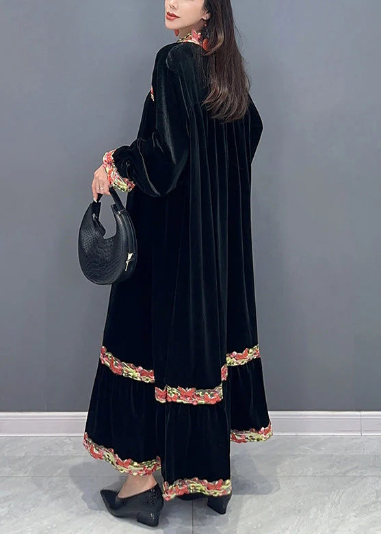 Black Patchwork Silk Velvet Stand Collar Long Dress Spring - Image 4