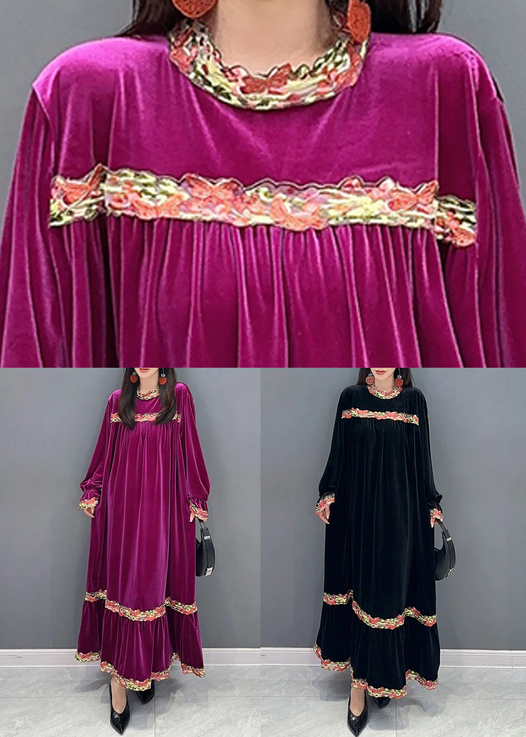 Black Patchwork Silk Velvet Stand Collar Long Dress Spring - Image 5