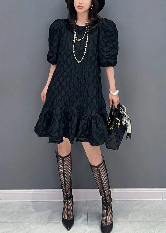 Black Patchwork Slim Mid Dress Puff Sleeve - Image 2