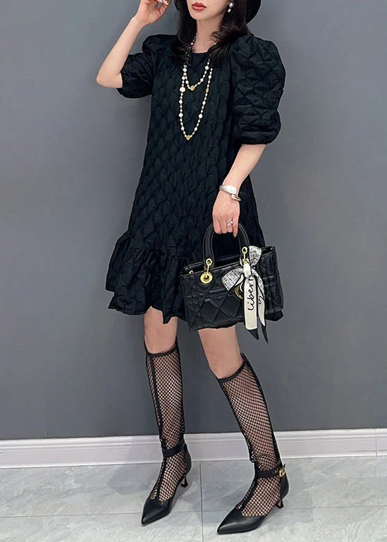 Black Patchwork Slim Mid Dress Puff Sleeve - Image 3