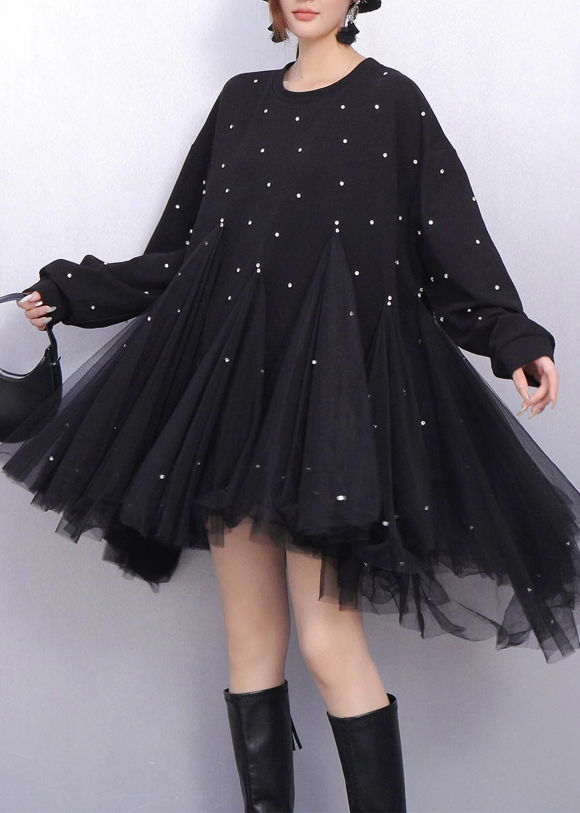 Black Patchwork Tulle Long Dresses Oversized Rhinestone Spring - Image 2