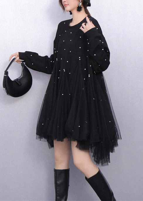Black Patchwork Tulle Long Dresses Oversized Rhinestone Spring - Image 3