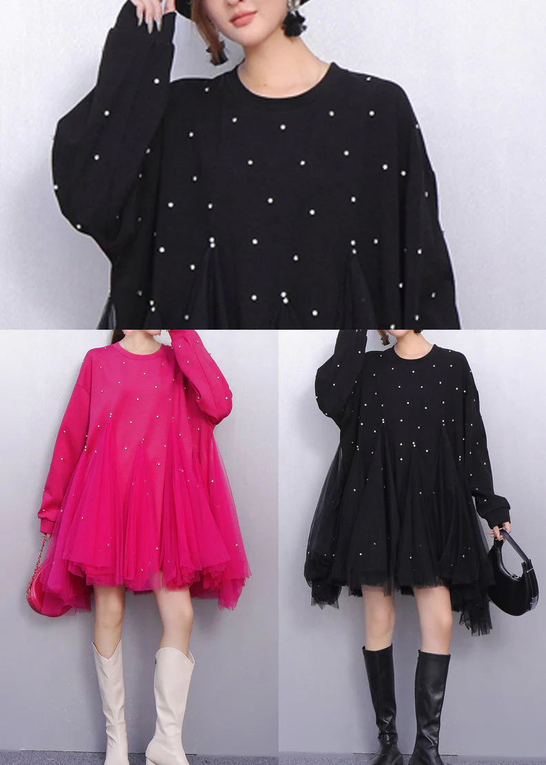 Black Patchwork Tulle Long Dresses Oversized Rhinestone Spring - Image 5