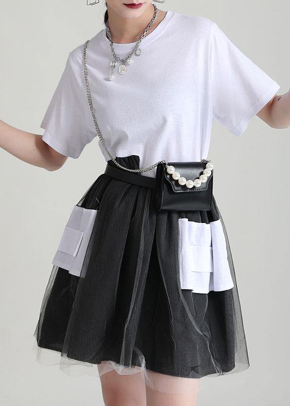 Black Patchwork Tulle Pockets Summer Holiday Dress Short Sleeve - Image 2