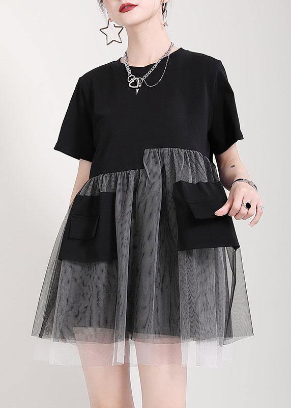 Black Patchwork Tulle Pockets Summer Holiday Dress Short Sleeve - Image 3