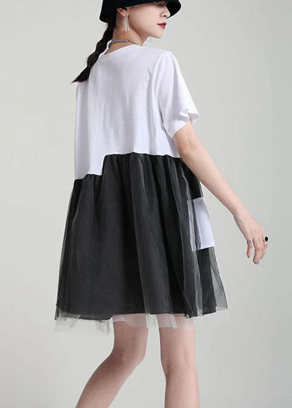 Black Patchwork Tulle Pockets Summer Holiday Dress Short Sleeve - Image 4
