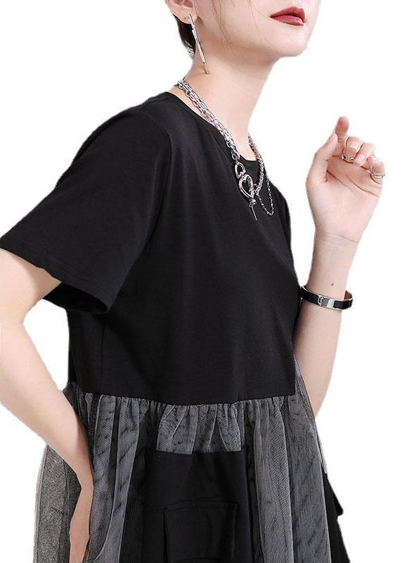 Black Patchwork Tulle Pockets Summer Holiday Dress Short Sleeve - Image 5