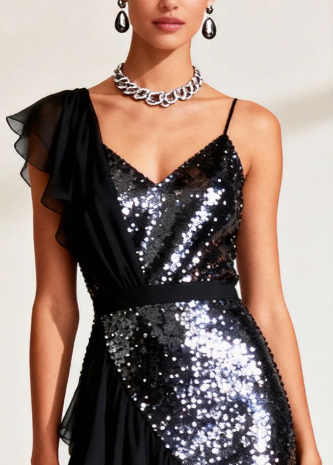 Black Patchwork Tulle Vestidos Dresses Sequins Asymmetrical Design Summer - Image 2