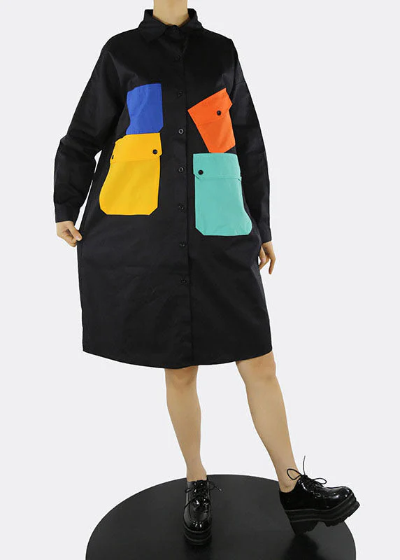 Black Patchwork Vacation shirt Dresses pockets Spring - Image 2