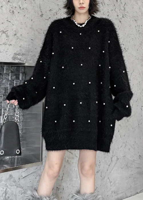 Black Pearl Cozy Oversized Mink Hair Knitted Sweater O Neck - Image 3