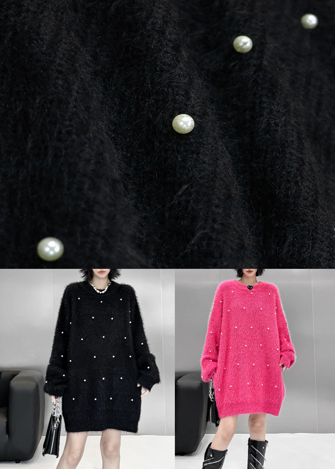 Black Pearl Cozy Oversized Mink Hair Knitted Sweater O Neck - Image 5