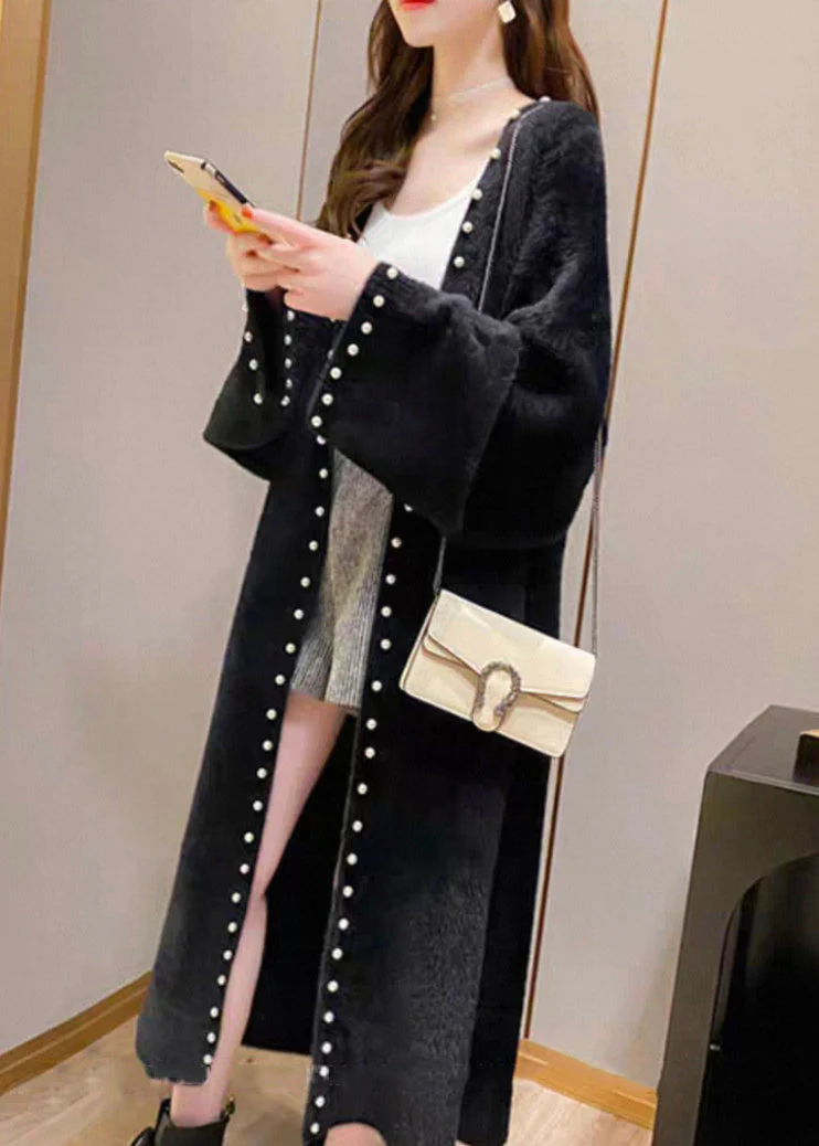 Black Pearl Cozy Solid Knit Spring Coat V Neck - Image 3