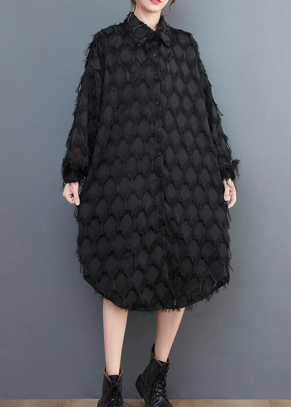 Black Peter Pan Collar Button Long Shirts Dresses Long Sleeve - Image 2