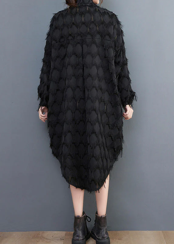 Black Peter Pan Collar Button Long Shirts Dresses Long Sleeve - Image 3