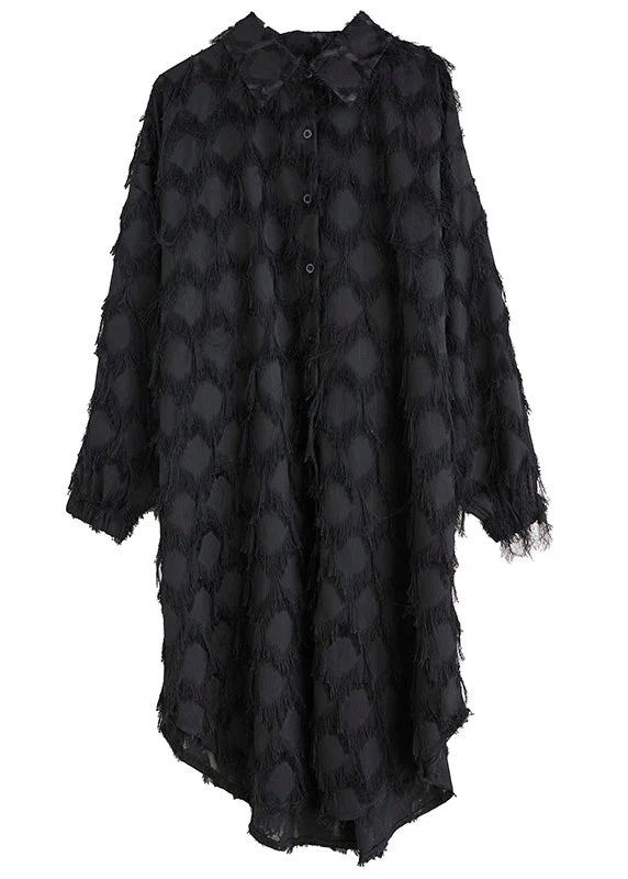 Black Peter Pan Collar Button Long Shirts Dresses Long Sleeve - Image 5