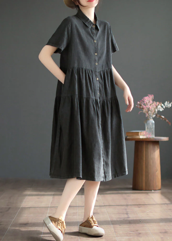 Black Peter Pan Collar Button Silk Denim Maxi Shirt Dresses Short Sleeve - Image 2