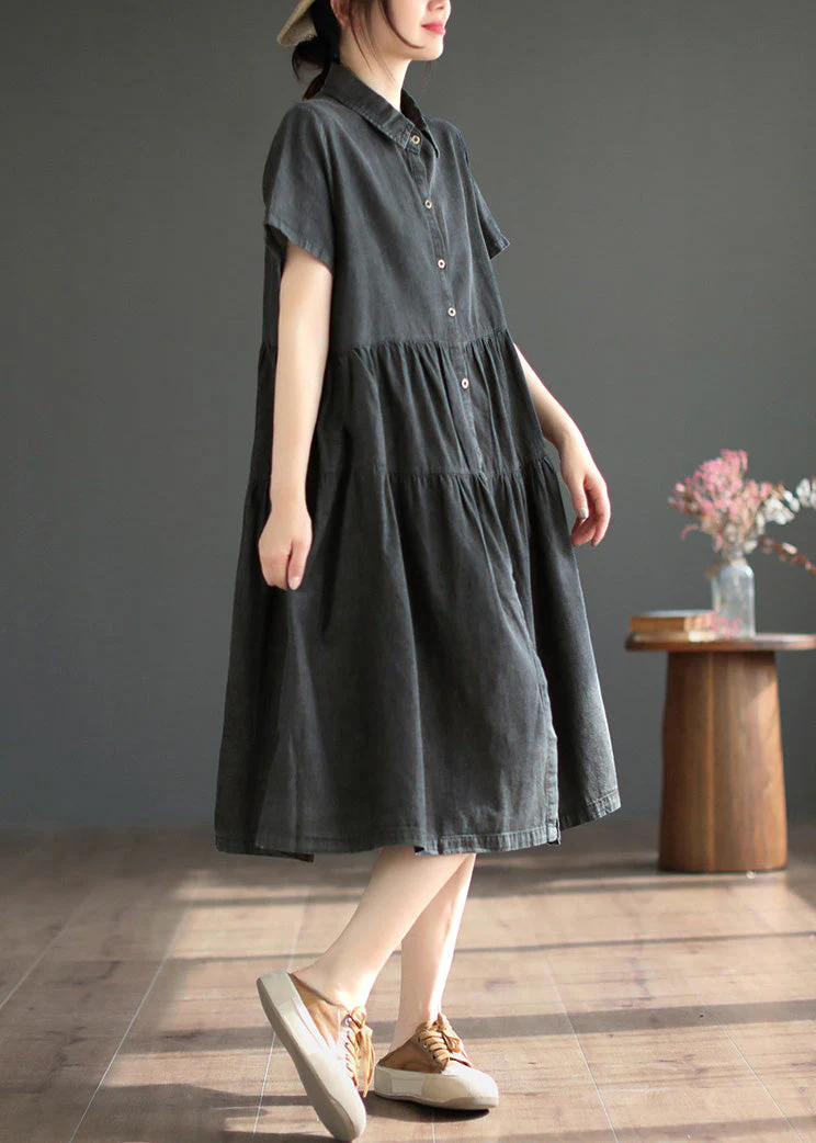 Black Peter Pan Collar Button Silk Denim Maxi Shirt Dresses Short Sleeve - Image 3