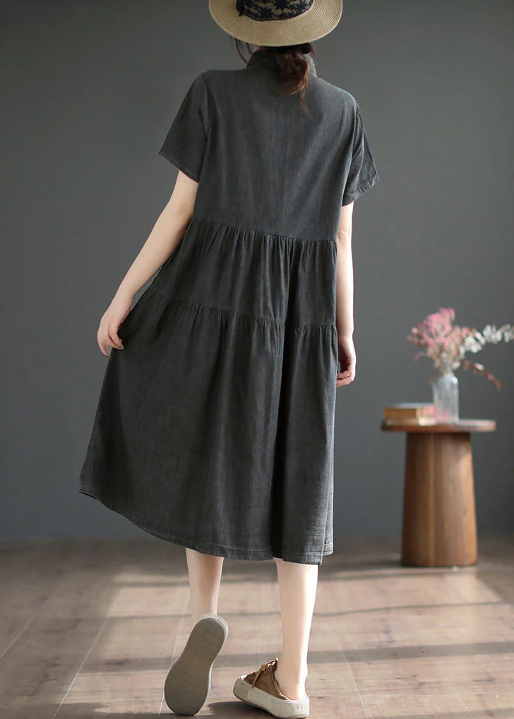 Black Peter Pan Collar Button Silk Denim Maxi Shirt Dresses Short Sleeve - Image 4
