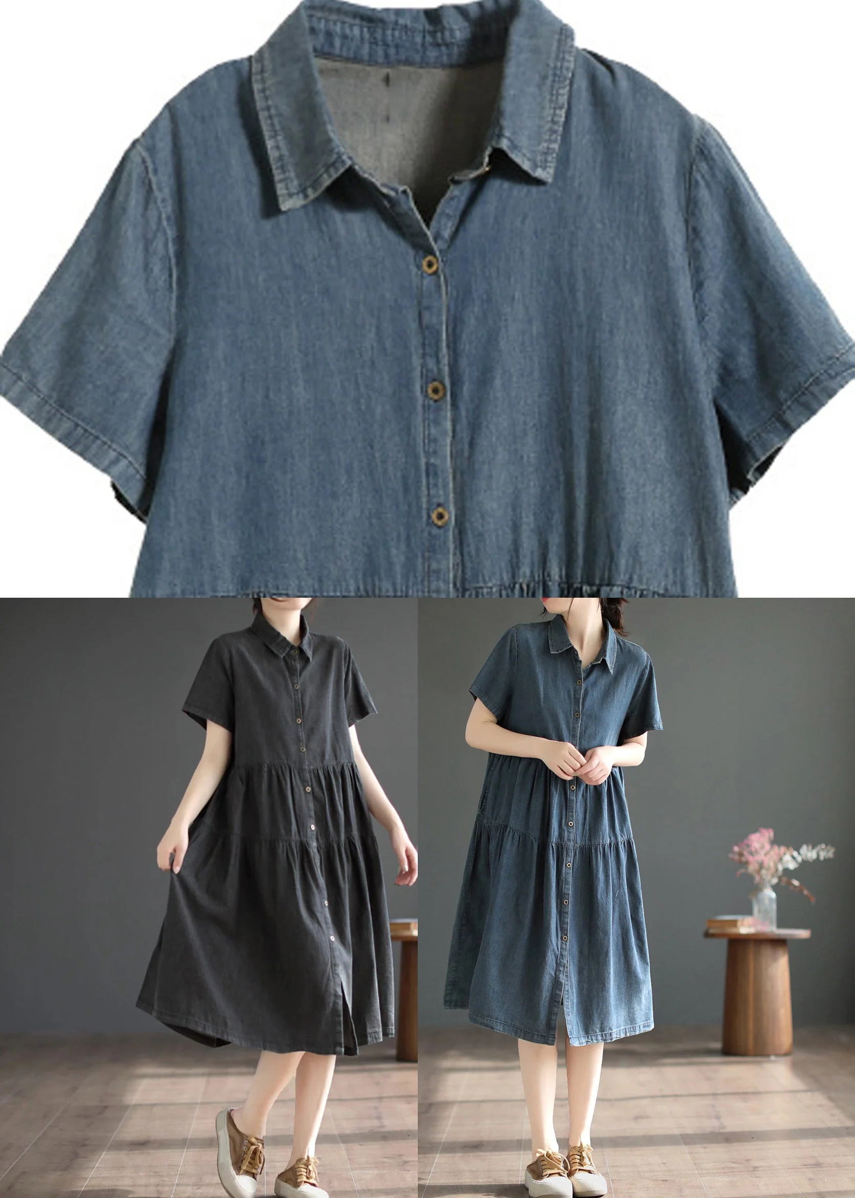 Black Peter Pan Collar Button Silk Denim Maxi Shirt Dresses Short Sleeve - Image 5