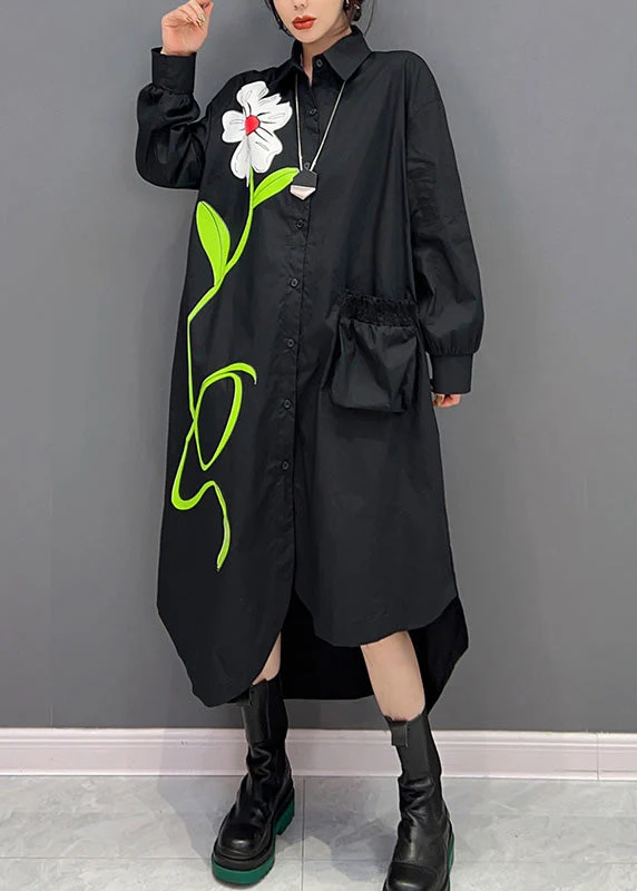 Black Peter Pan Collar Low High Design Maxi Shirts Dress Long Sleeve - Image 2