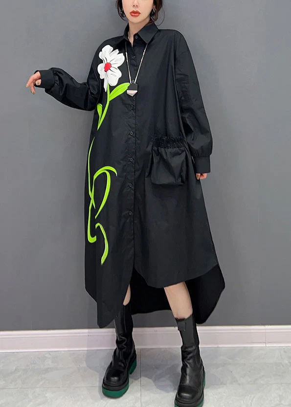 Black Peter Pan Collar Low High Design Maxi Shirts Dress Long Sleeve - Image 3
