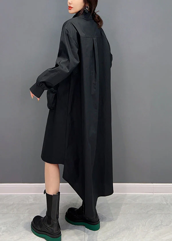 Black Peter Pan Collar Low High Design Maxi Shirts Dress Long Sleeve - Image 4