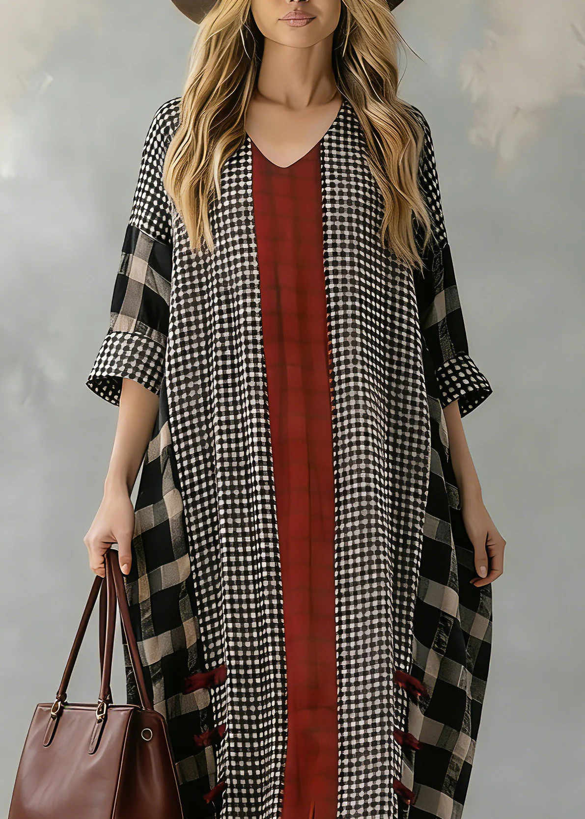 Black Plaid Autumn Loose Fitting V Neck Patchwork Traveling Clothing Vintage - Image 2