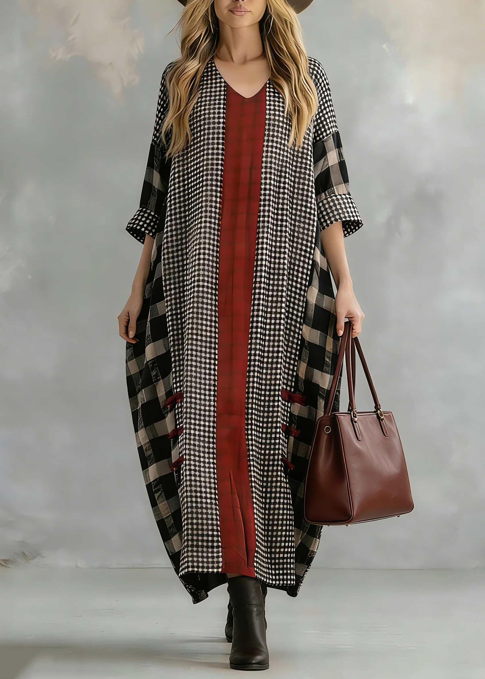 Black Plaid Autumn Loose Fitting V Neck Patchwork Traveling Clothing Vintage - Image 3