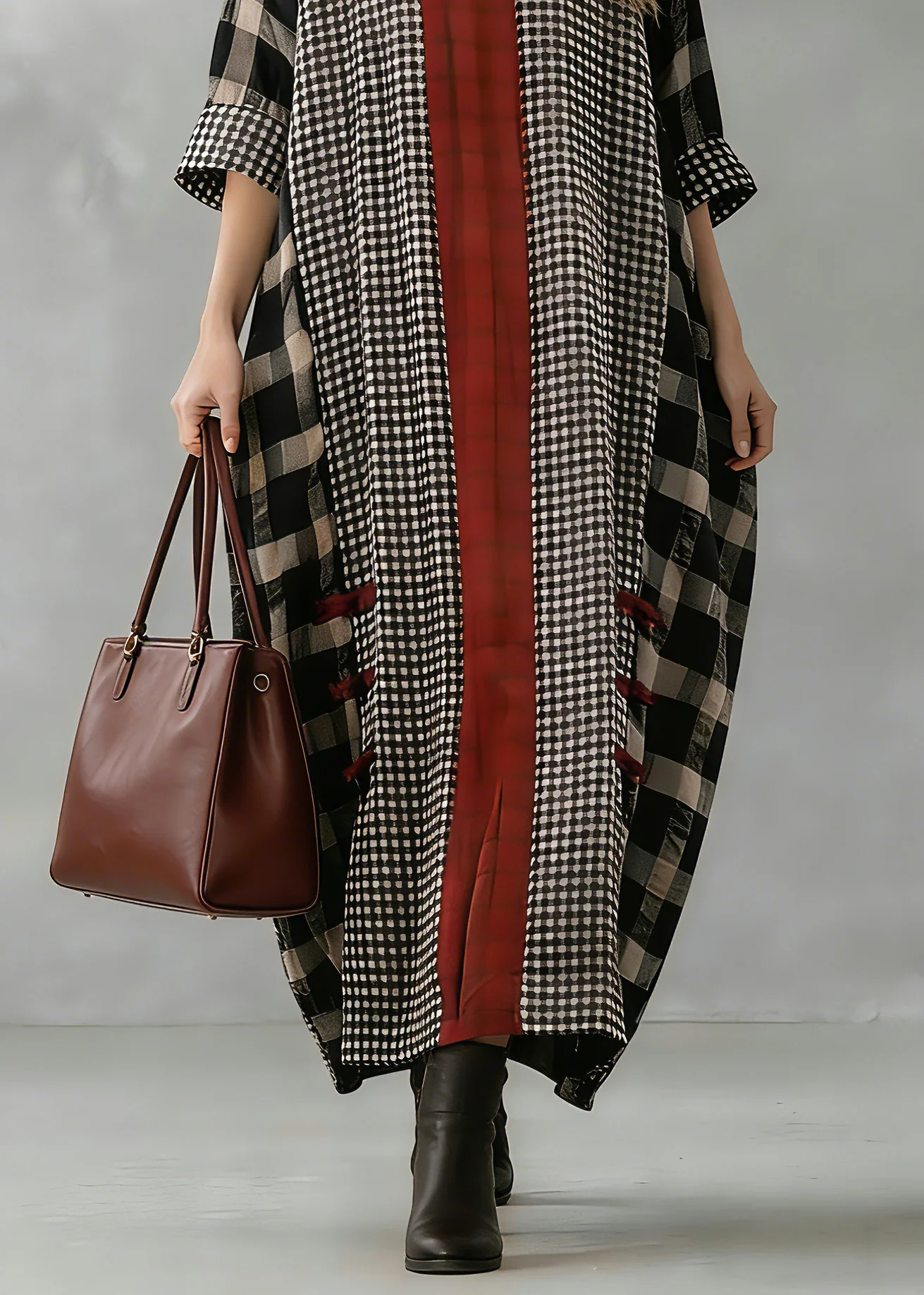 Black Plaid Autumn Loose Fitting V Neck Patchwork Traveling Clothing Vintage - Image 4
