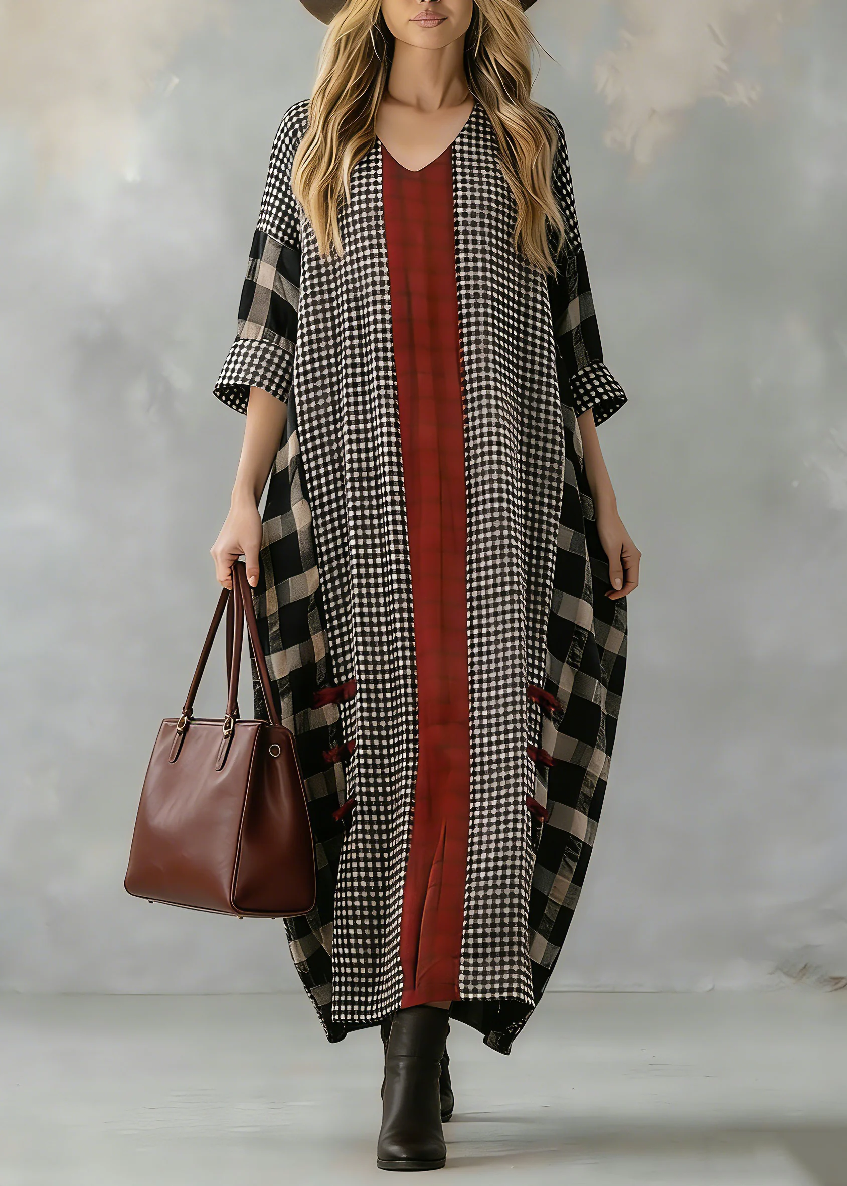 Black Plaid Autumn Loose Fitting V Neck Patchwork Traveling Clothing Vintage - Image 5