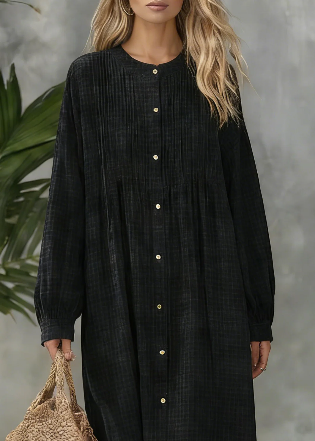 Black Plaid Button Cotton Blouses Dress O Neck Spring - Image 2