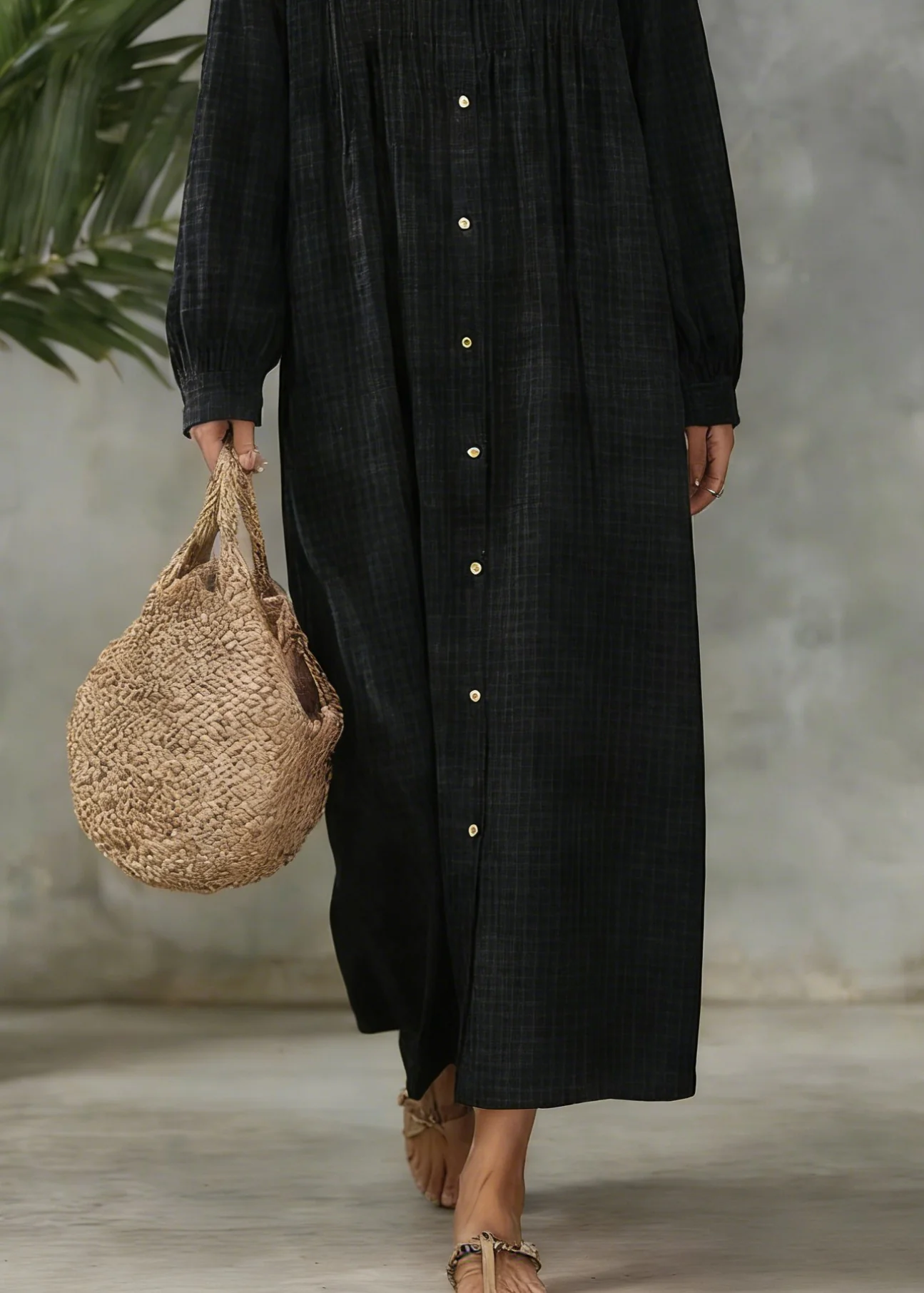 Black Plaid Button Cotton Blouses Dress O Neck Spring - Image 4