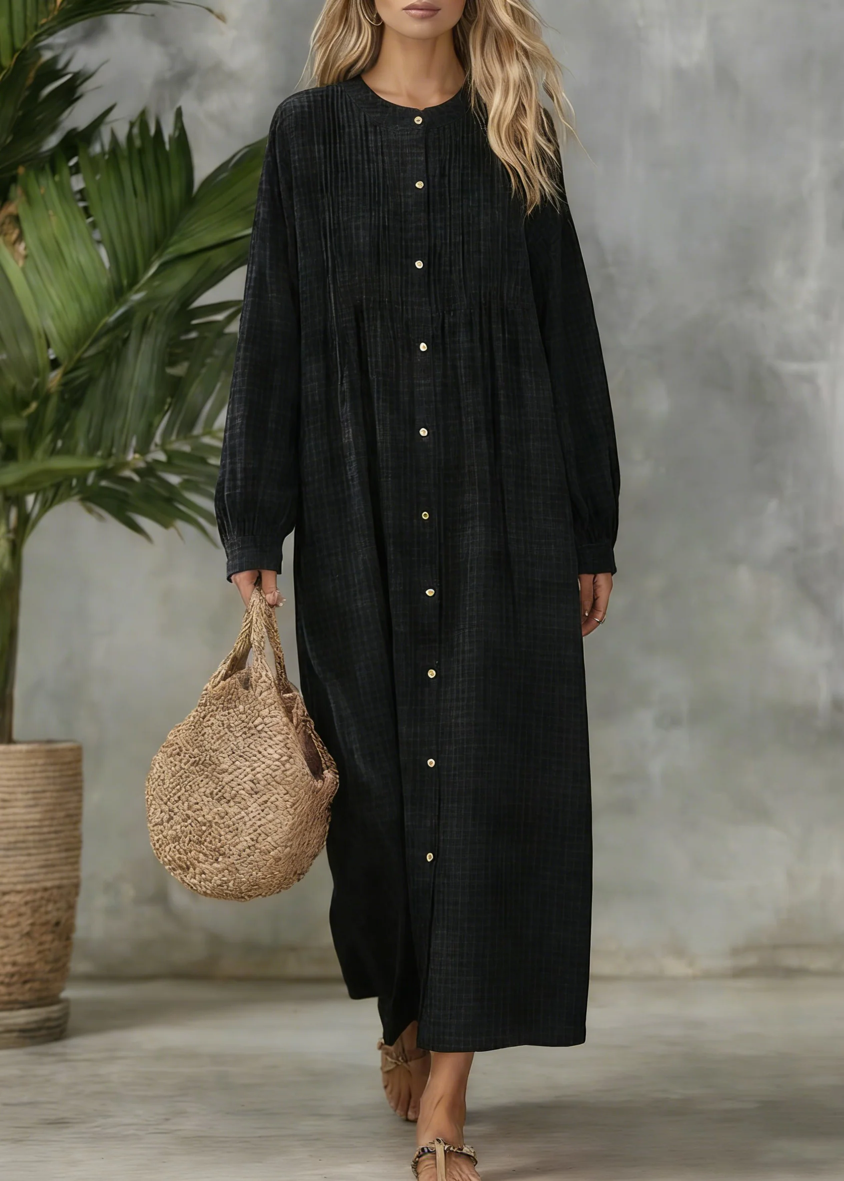 Black Plaid Button Cotton Blouses Dress O Neck Spring - Image 5