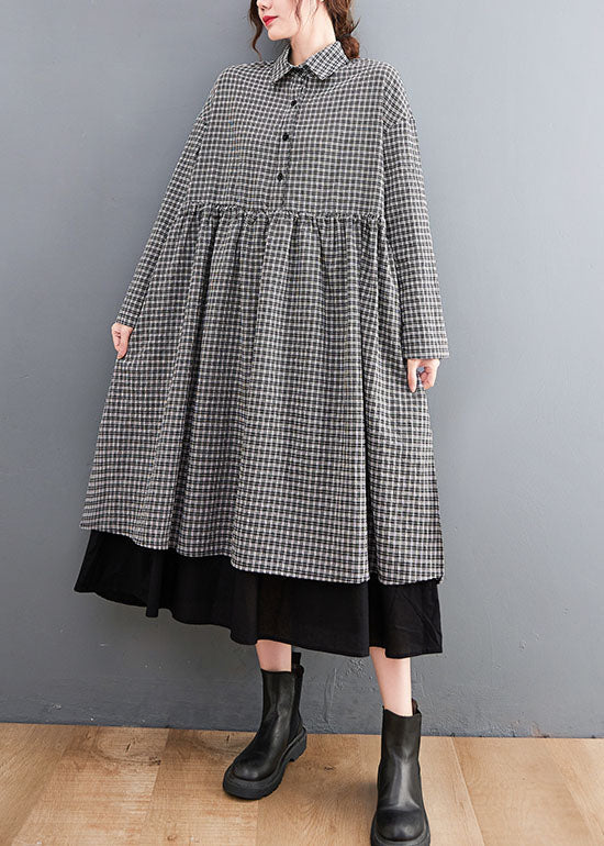 Black Plaid Button side open Cotton Dresses shirts Spring - Image 2