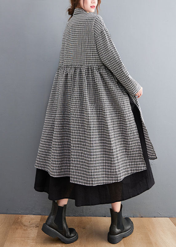 Black Plaid Button side open Cotton Dresses shirts Spring - Image 3