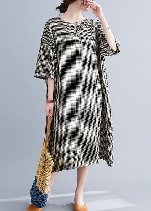 Black Plaid Cotton Holiday Dress O-Neck Short Sleeve - Image 2
