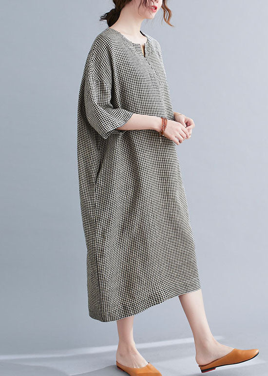 Black Plaid Cotton Holiday Dress O-Neck Short Sleeve - Image 3