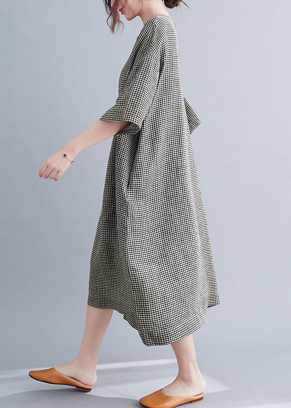 Black Plaid Cotton Holiday Dress O-Neck Short Sleeve - Image 4