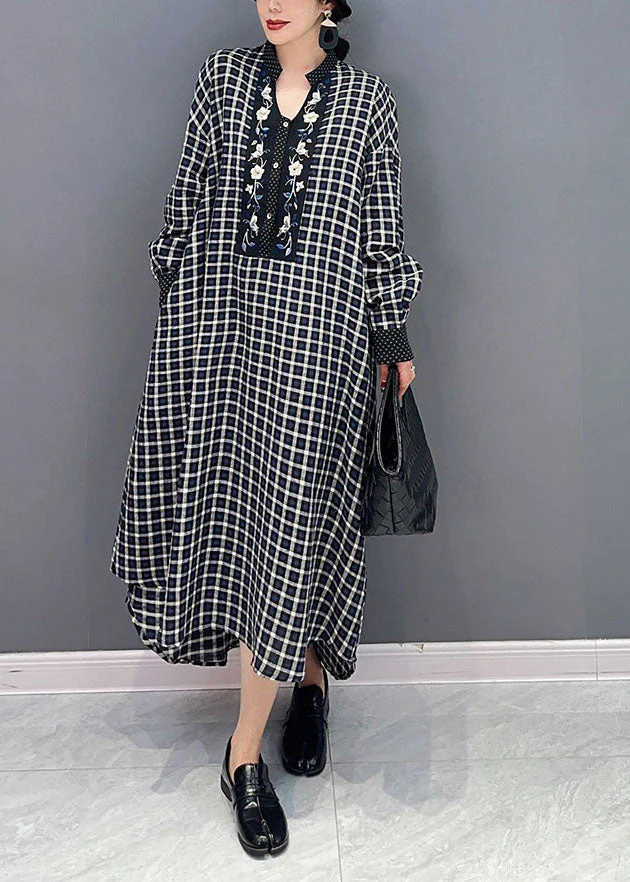 Black Plaid Cotton Robe Dresses Stand Collar Oversized Spring - Image 2